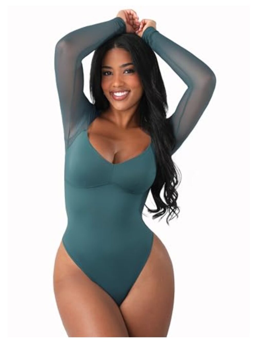 Long Sleeve Bodysuit Nylon Spandex Mesh V Neck Thong Corset Top Party